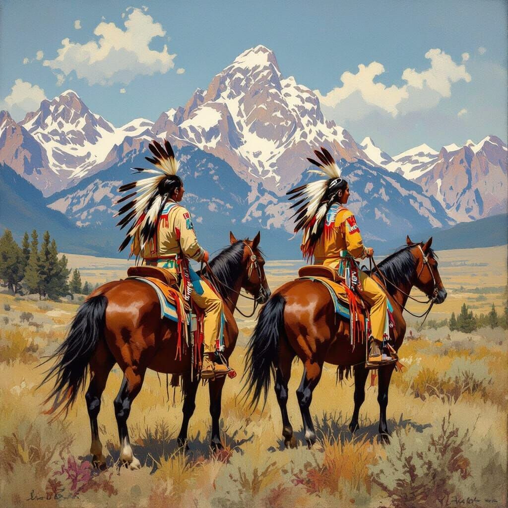 Native Americans Ride Horses Before Majestic Mountains in Re...