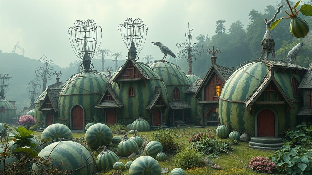 Epic Watermelon Village Digital Matte Painting with Wireworm...