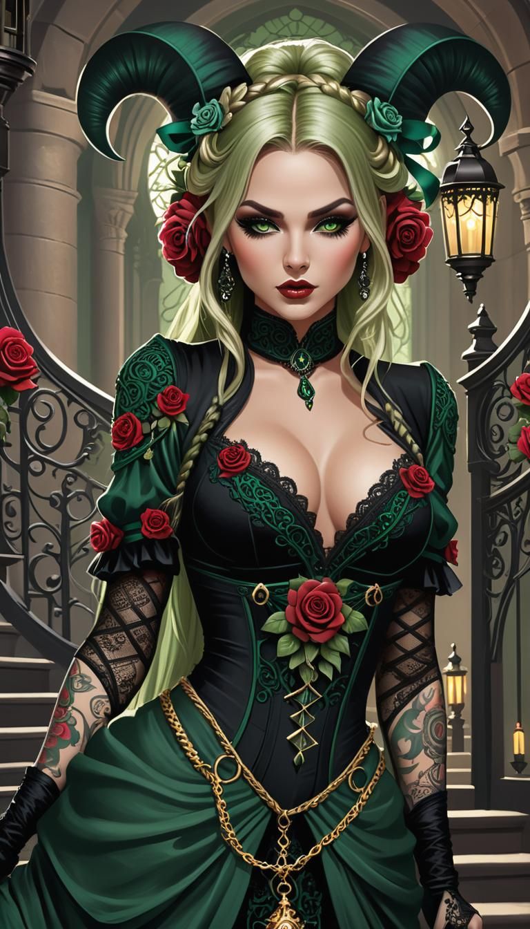Enchantress with Lantern on Gothic Staircase