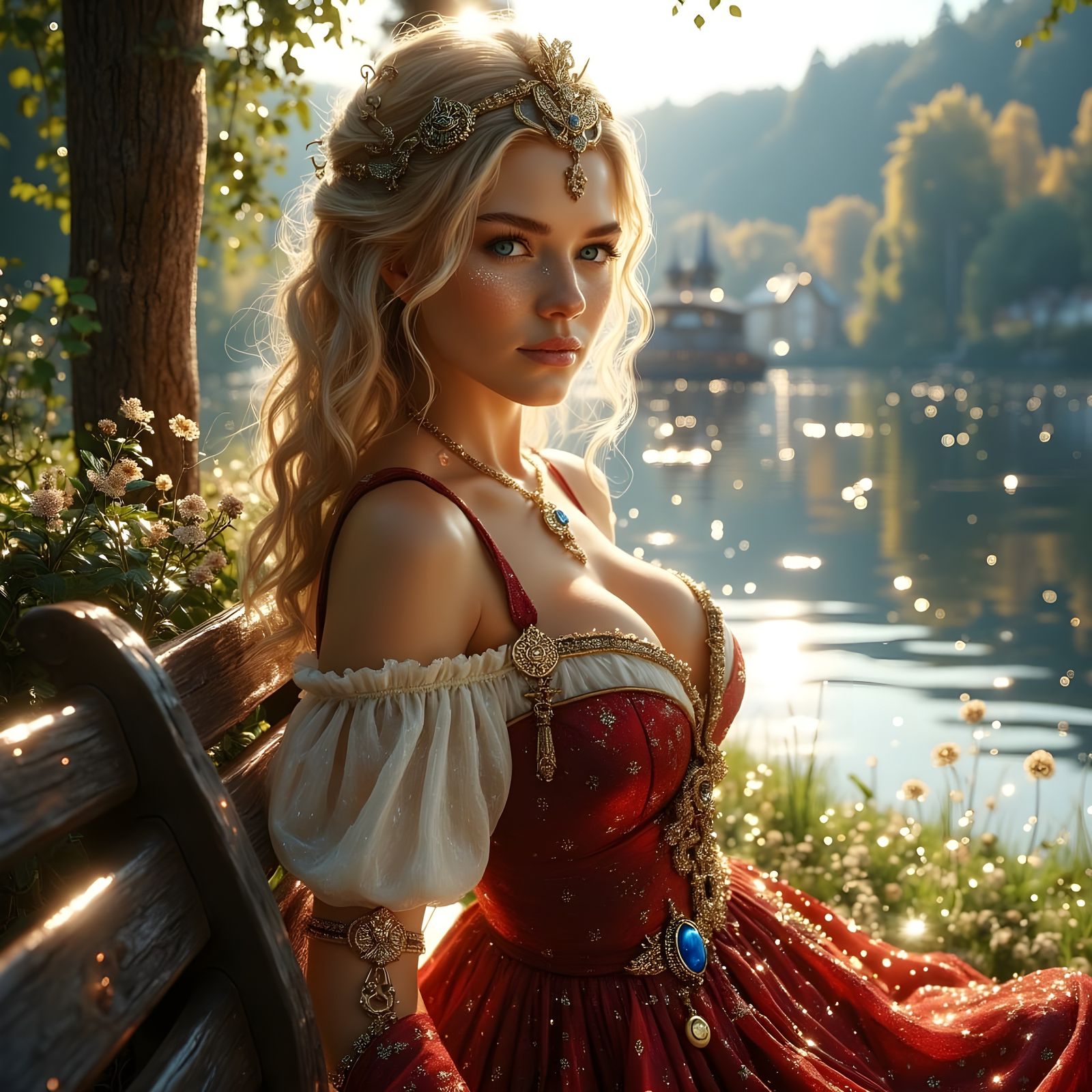 Norse Goddess of Storytelling Sits on Ornate Village Bench