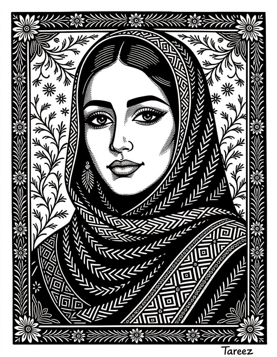 Palestinian Woman Embodied in Tatreez Embroidery Linocut