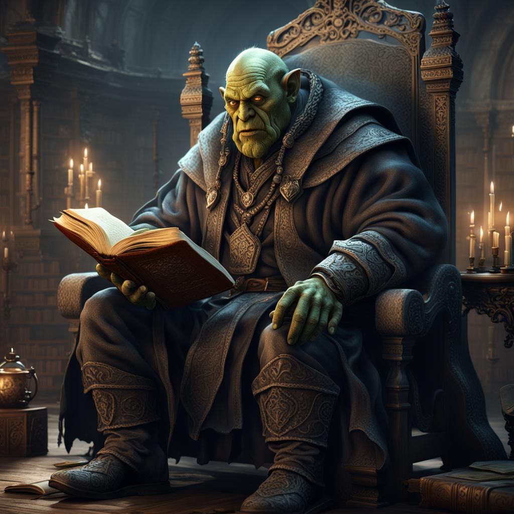 Monochrome Orc Scholar in Dusty Library