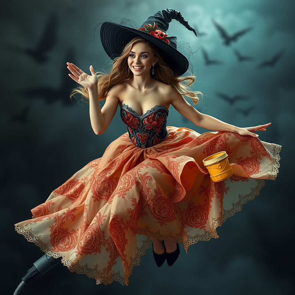 Hyperrealistic Witch Flying on Vacuum Cleaner