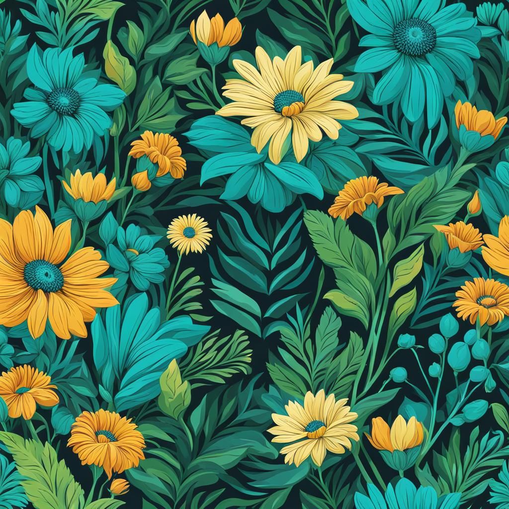 Blue, Green and Turquoise Floral Vector Illustration