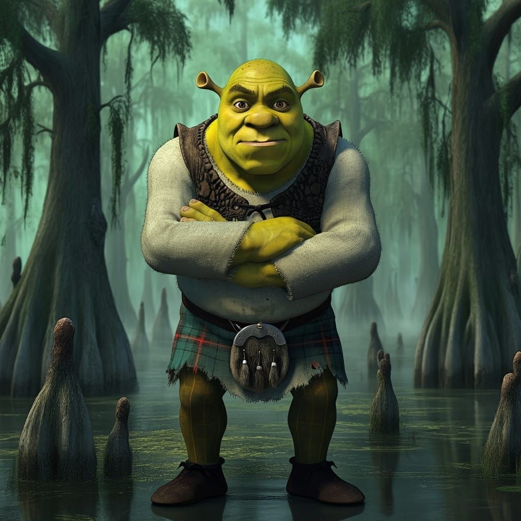 Ogre Shrek in Scottish-Inspired Kilt, Surrounded by Whimsica...