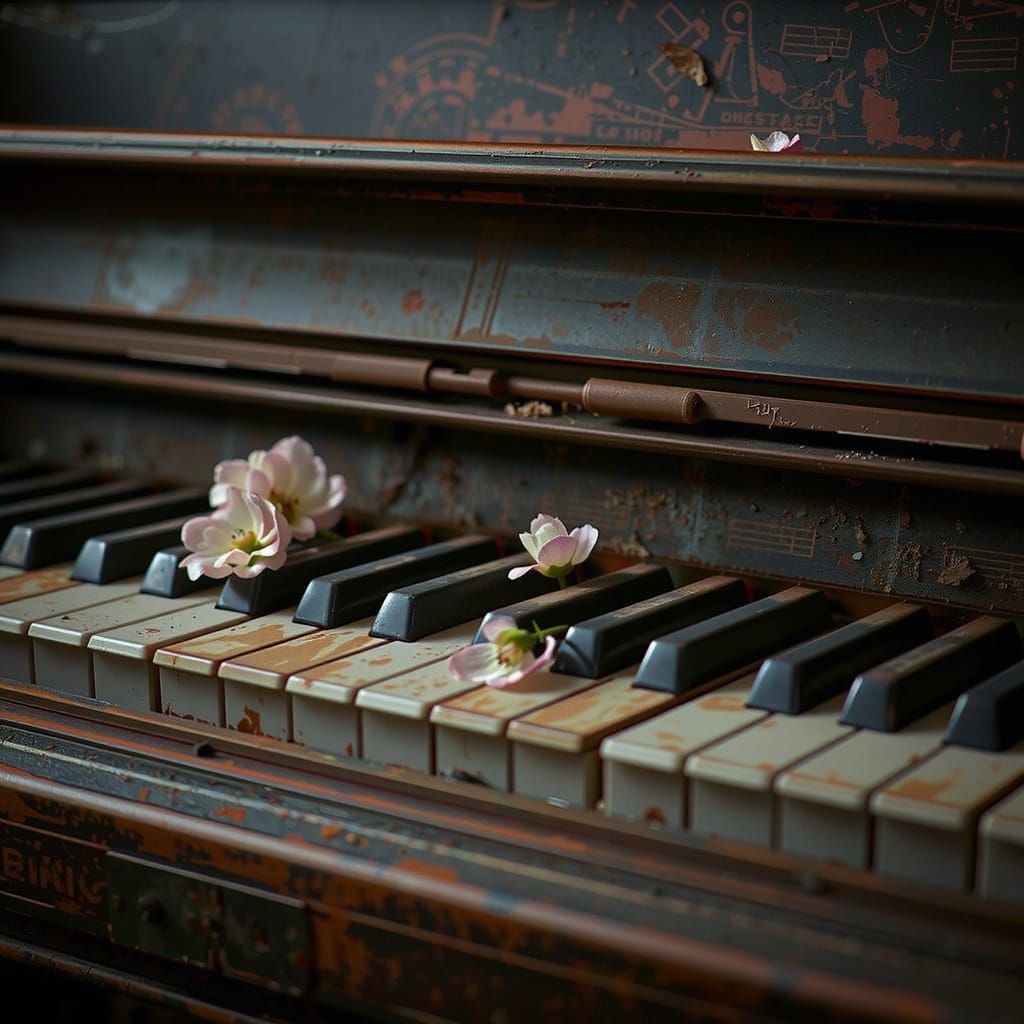 Worn Piano Close-Up with Flowers in 3D Realism