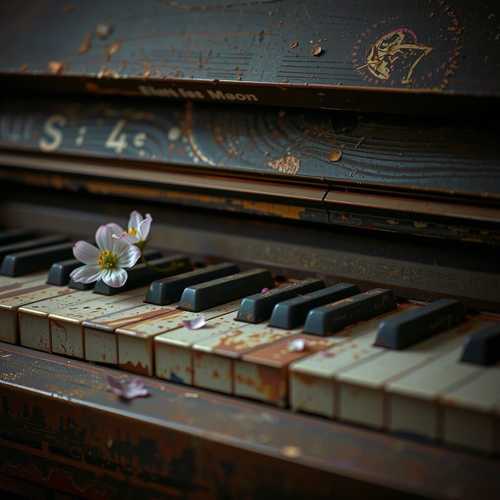 Worn Piano Keys with Flowers in Rustic Realism