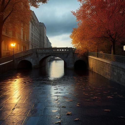 Autumnal Woman on Bridge in Hyperrealistic Style