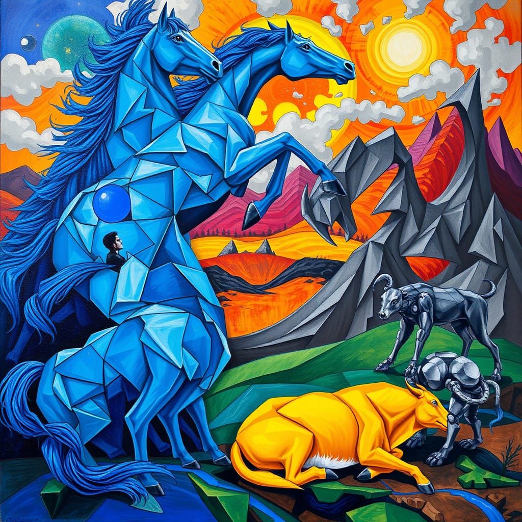 Azure-Blue Horses in Apocalyptic Landscape, Franz Marc-Inspi...