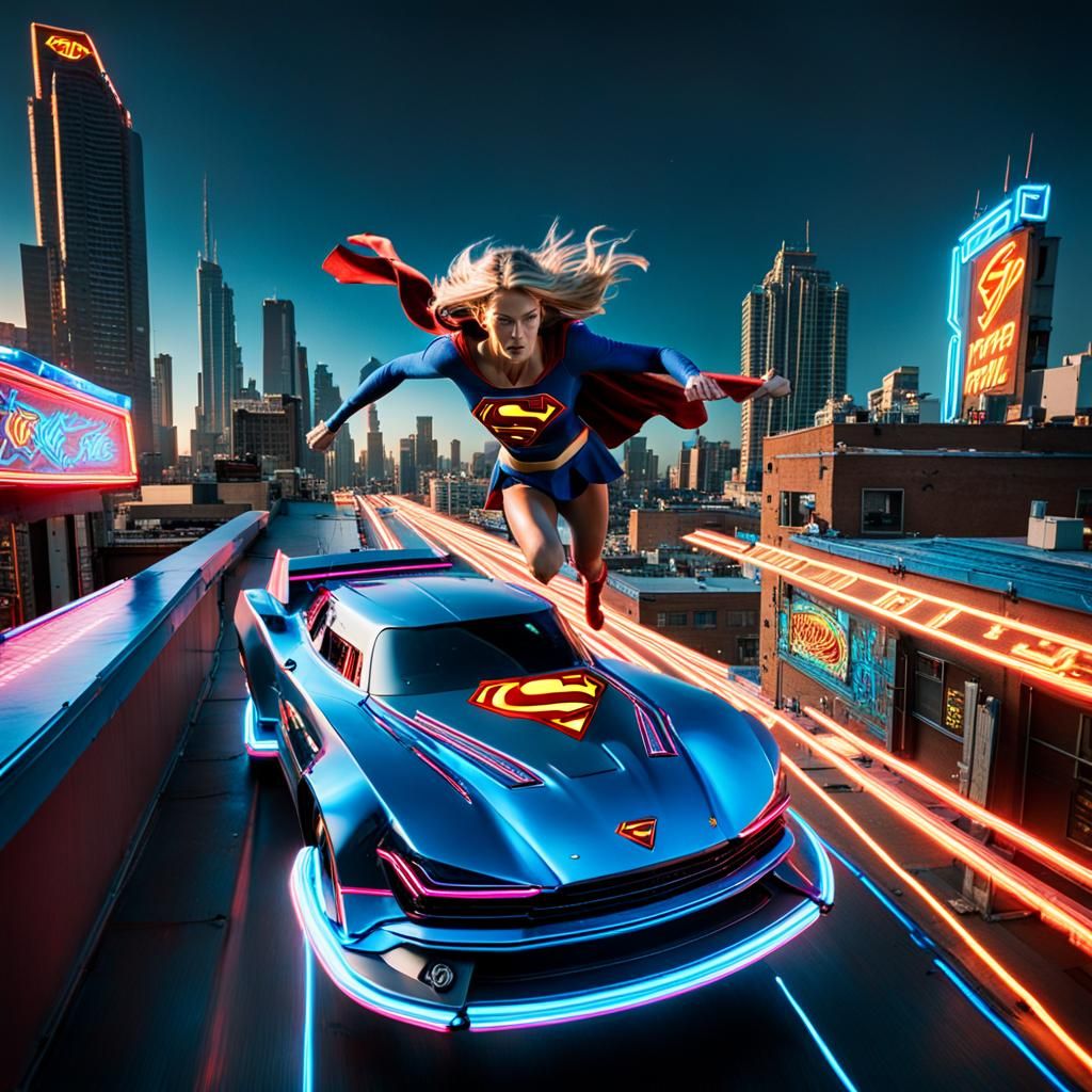 Supergirl Races Across Neon Rooftop: High-Speed Photography