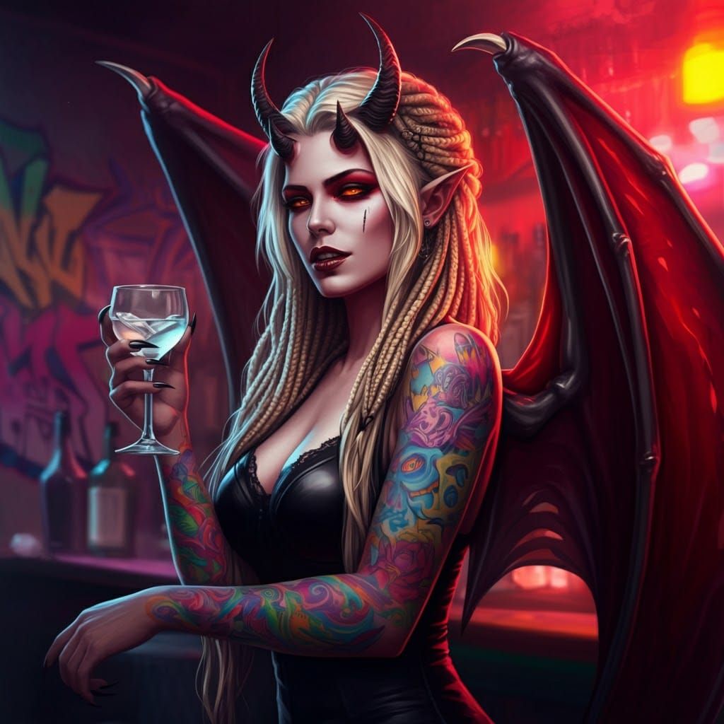 Demon Temptress with Braided Hair and Vodka, in Gritty Art S...