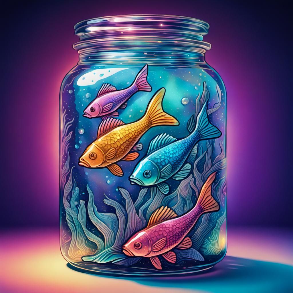 Gummy Fish in Jar: Holographic Linocut Illustration