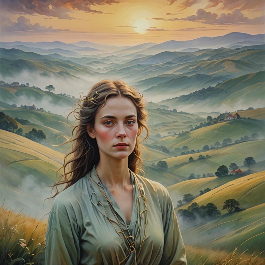 Surreal Woman in Dreamy Landscape Oil Painting