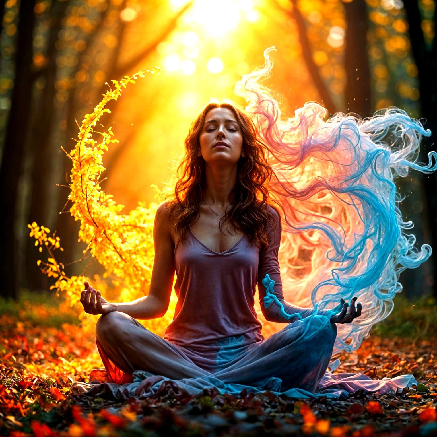 Meditating Figure Surrounded by Nature in Cyberpunk Style