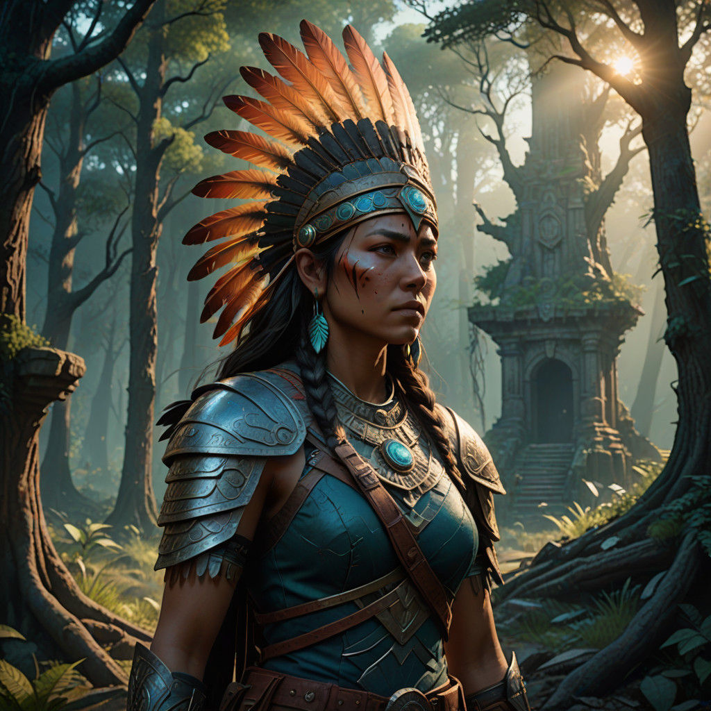 Native American Warrior Goddess in Vibrant Fantasy Landscape
