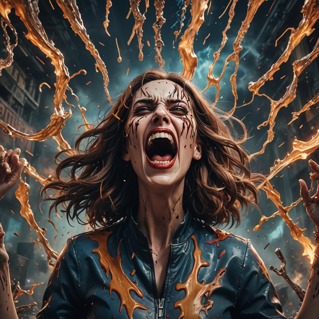 Screaming Woman with Floating Word Art