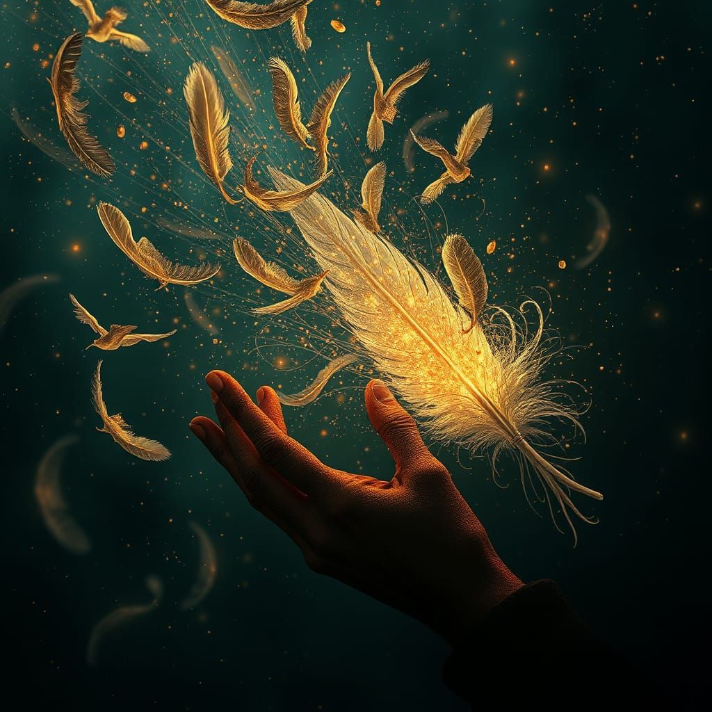 Feathers Floating Like Prayers: Pointillism Concept Art