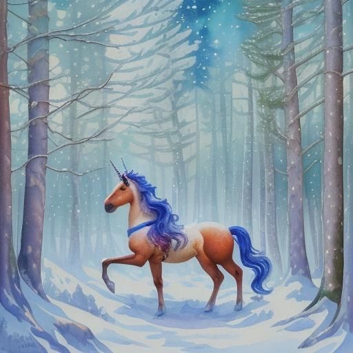 Unicorn Waving Goodbye in Snowy Forest, Gouache Style