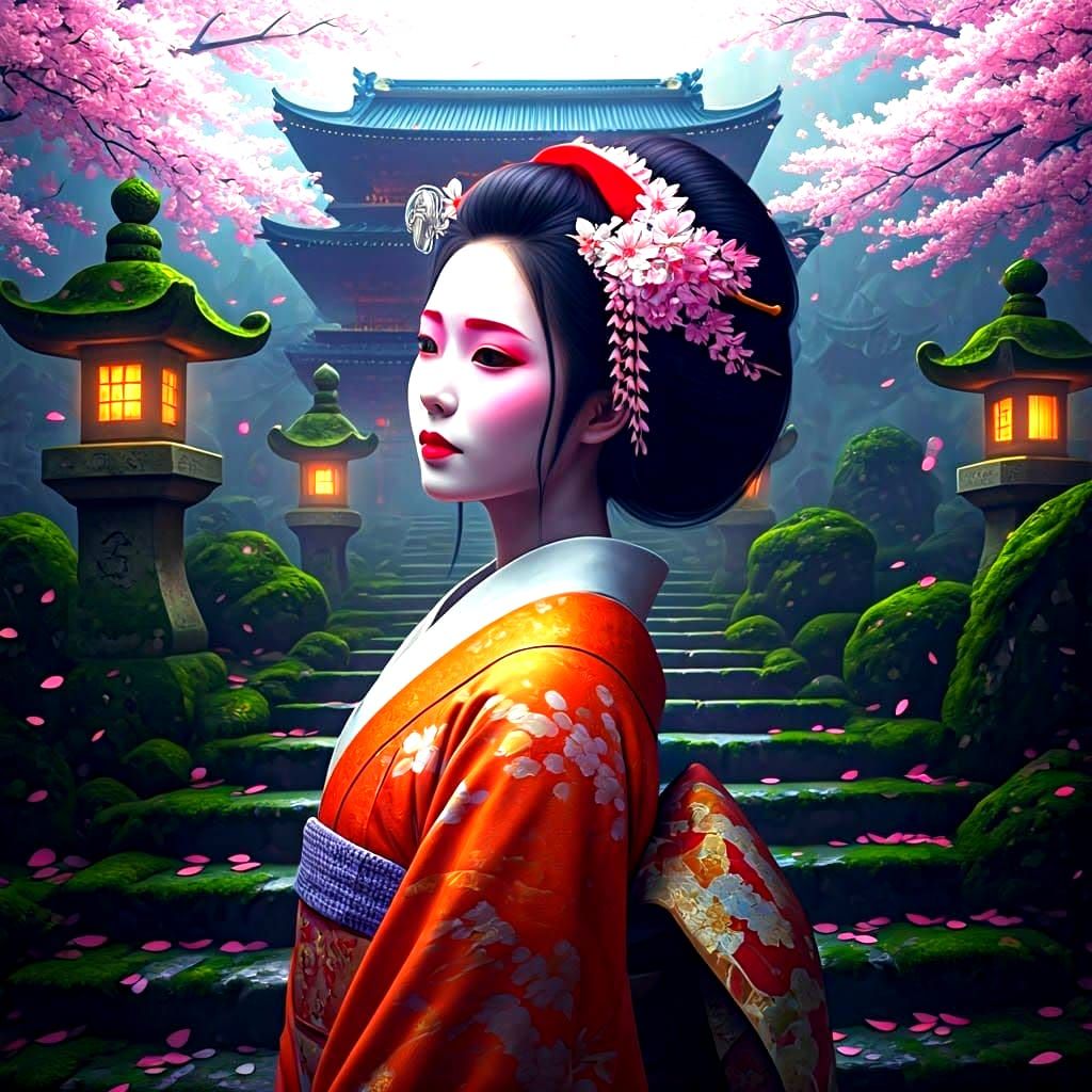 Geisha Portrait in Sakura Garden: Fantasy Concept Art