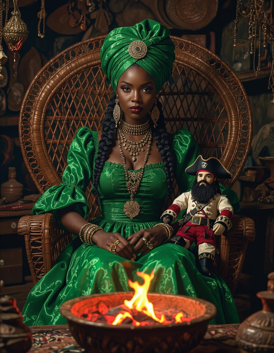 Voodoo Lady with Doll in Hyperrealistic Mystical Setting