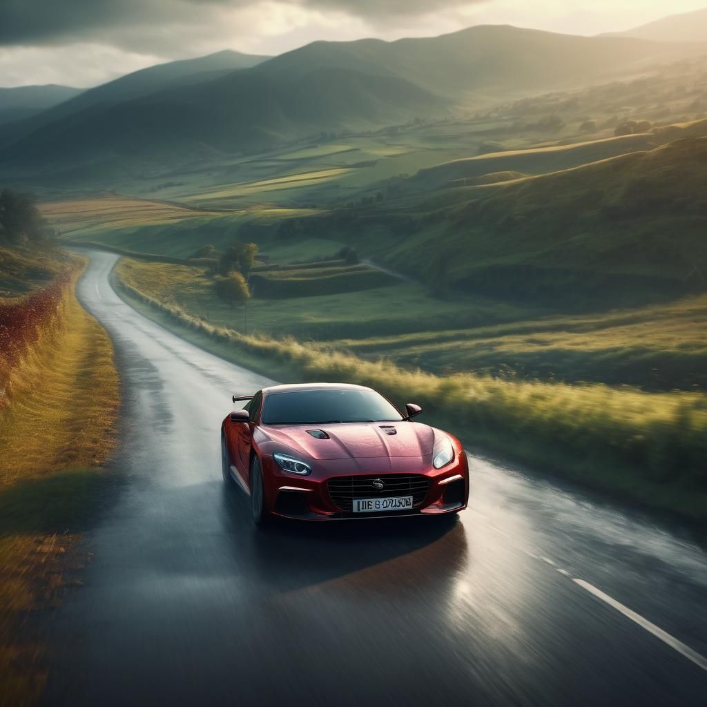 Speeding Red Sports Car on Country Road
