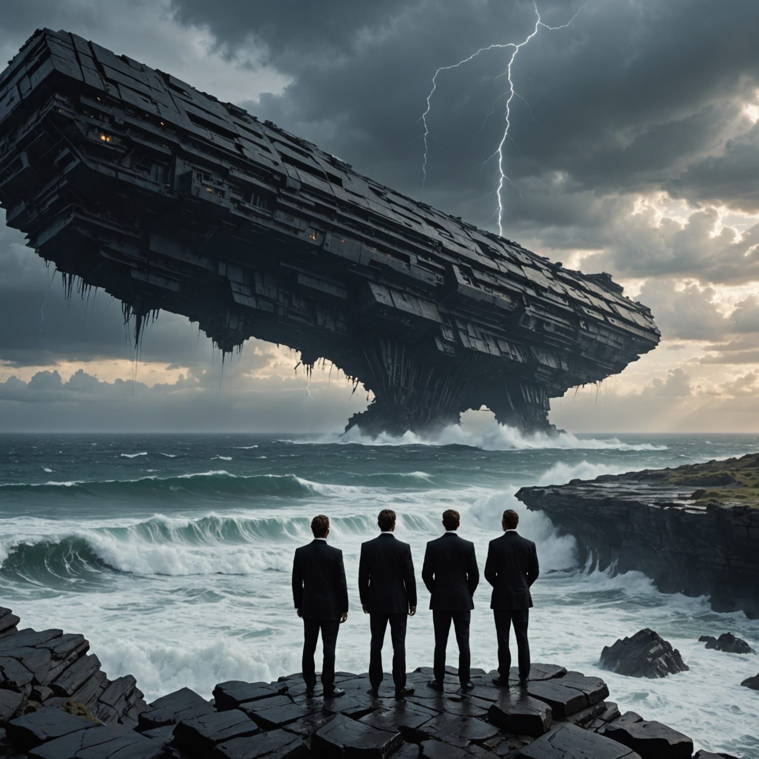 Men in Black Observe Alien Structure on Stormy Coast