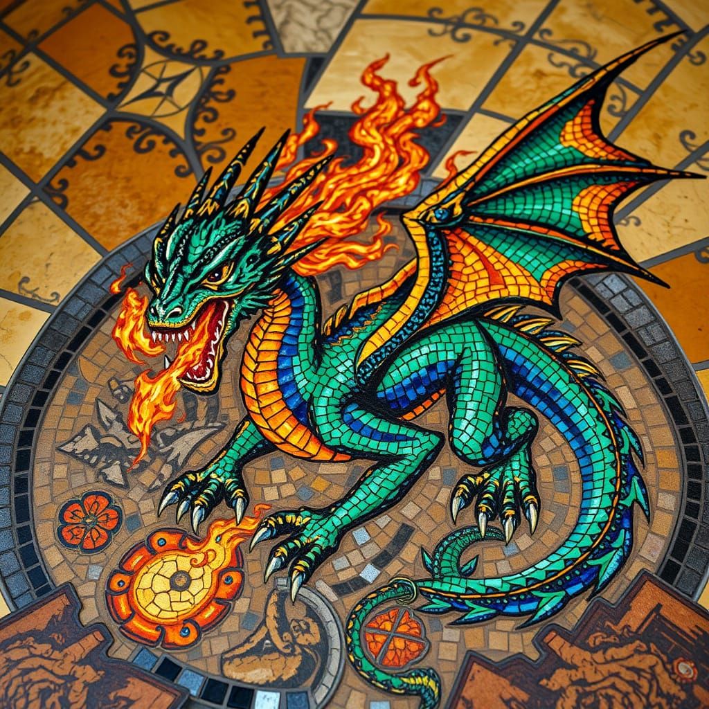 Intricate Mosaic Floor of a Fire-Breathing Dragon