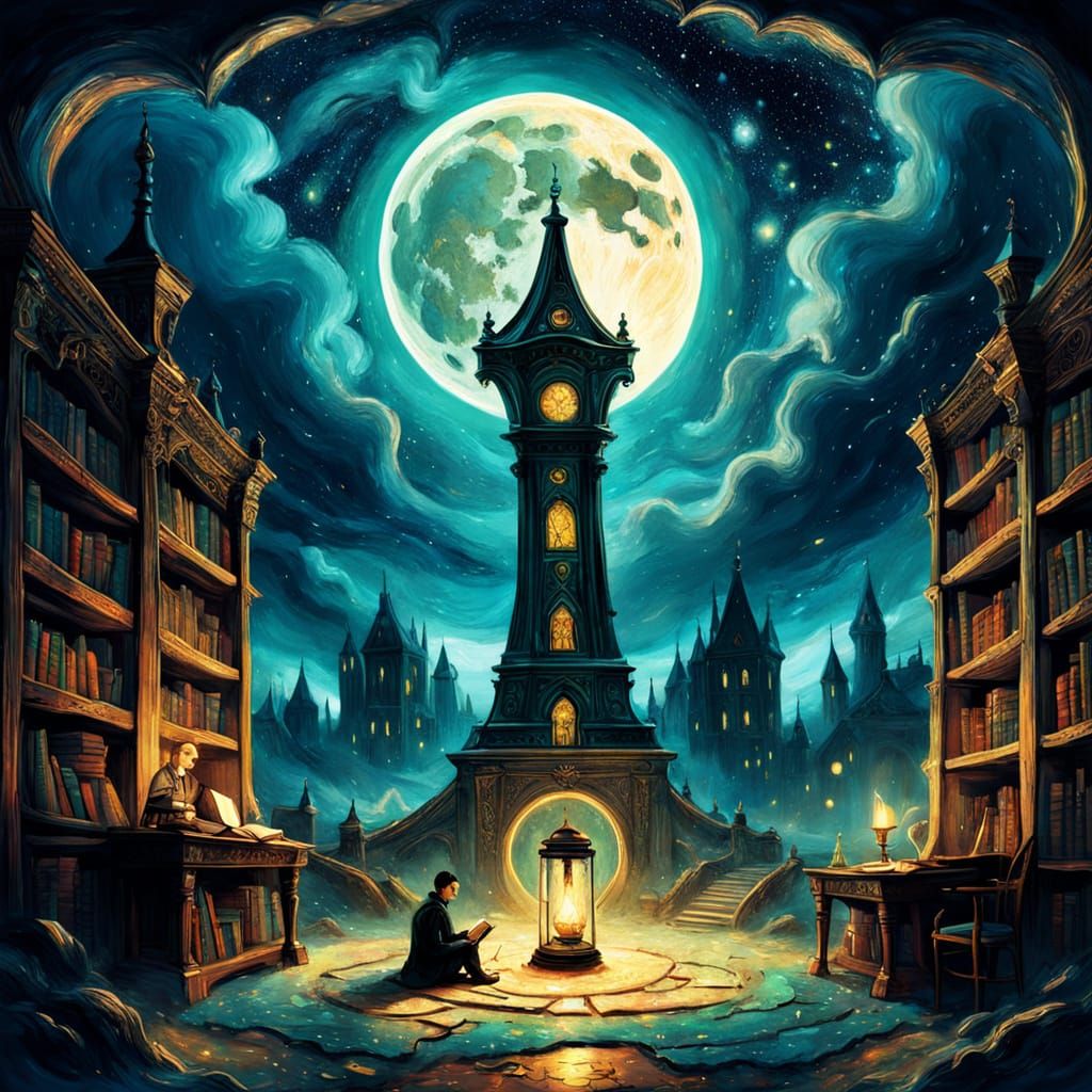 Mystical Hourglass Library Illuminated by a Celestial Starry...