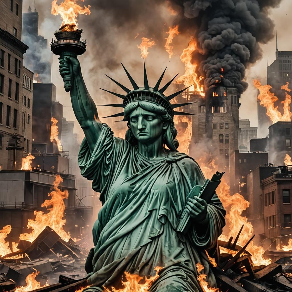 Statue of Liberty Crying Amidst Burning City