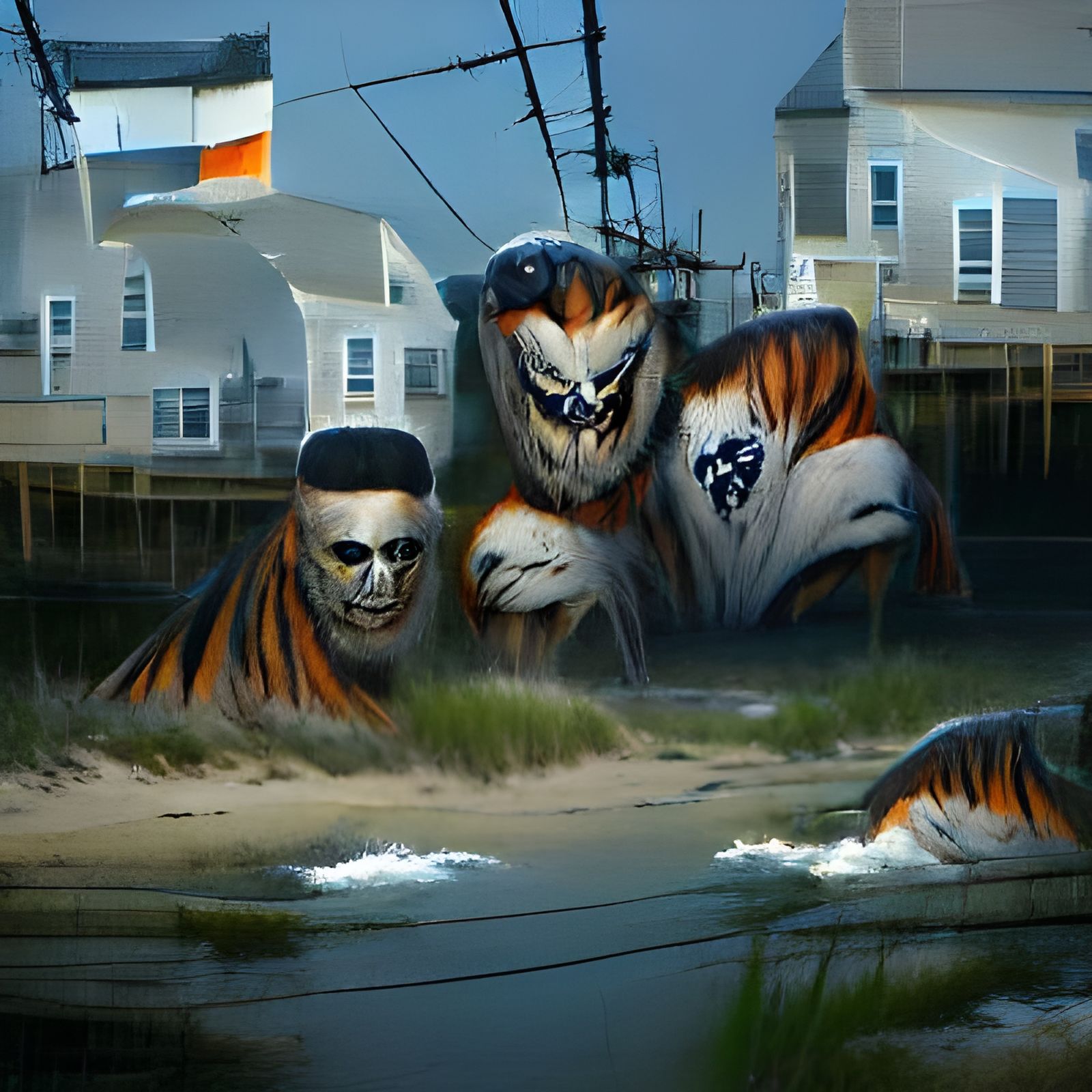 Sinister Tigers Roaming a Fantasy Shoreline