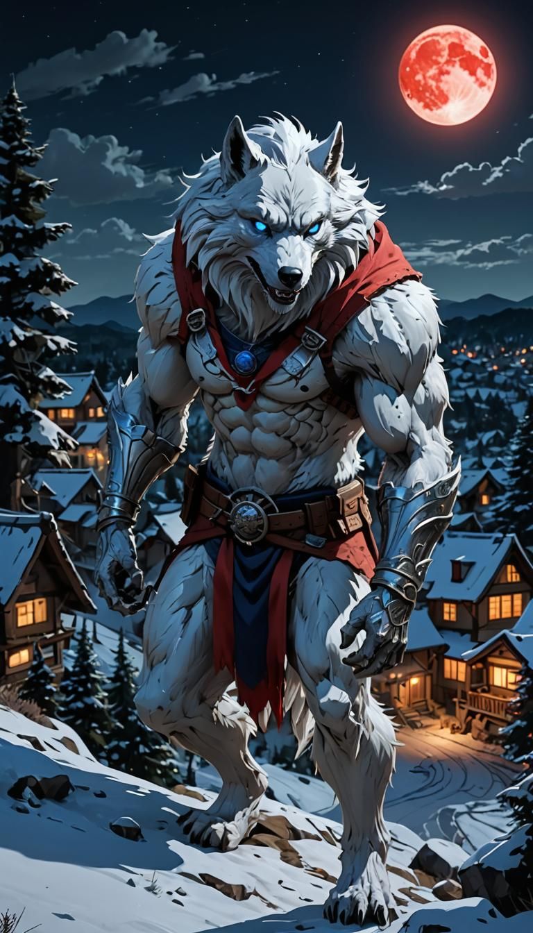 Silver Werewolf Overlooking Village at Night