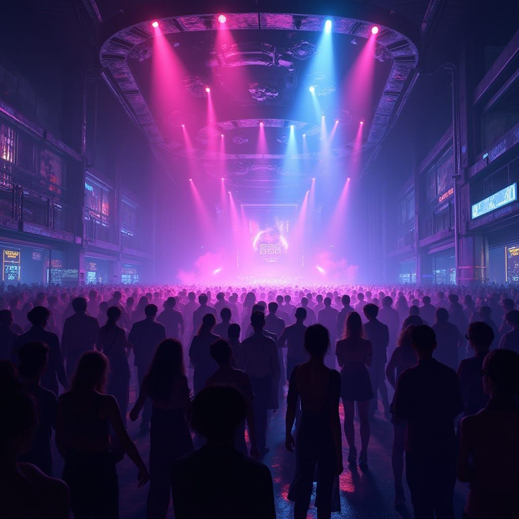 Futuristic Nightclub Scene in Neon Blues and Purples
