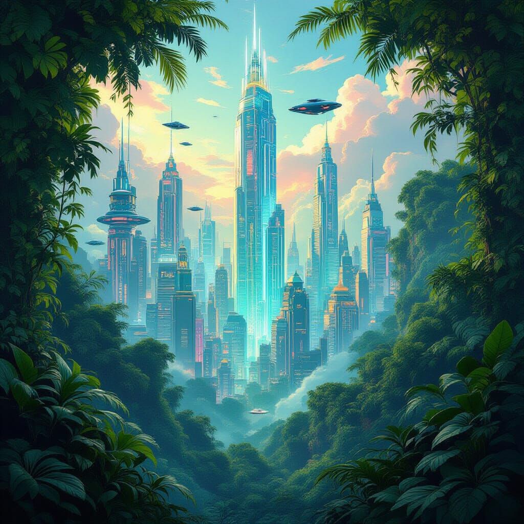 Tropical Cyberpunk Cityscape with Bioluminescent Glow
