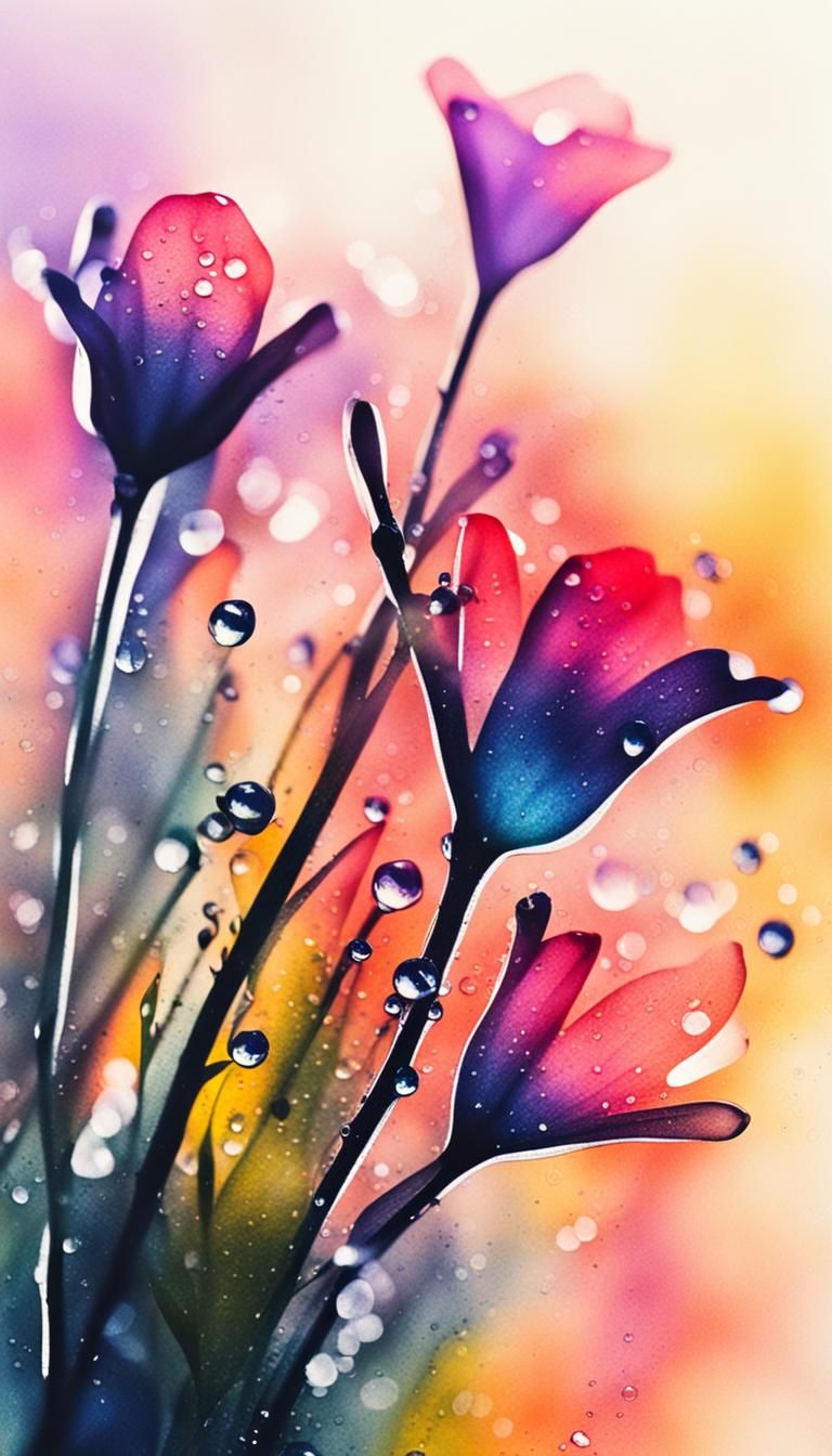 Macro Dew Drops on Flowers: Ink Painting