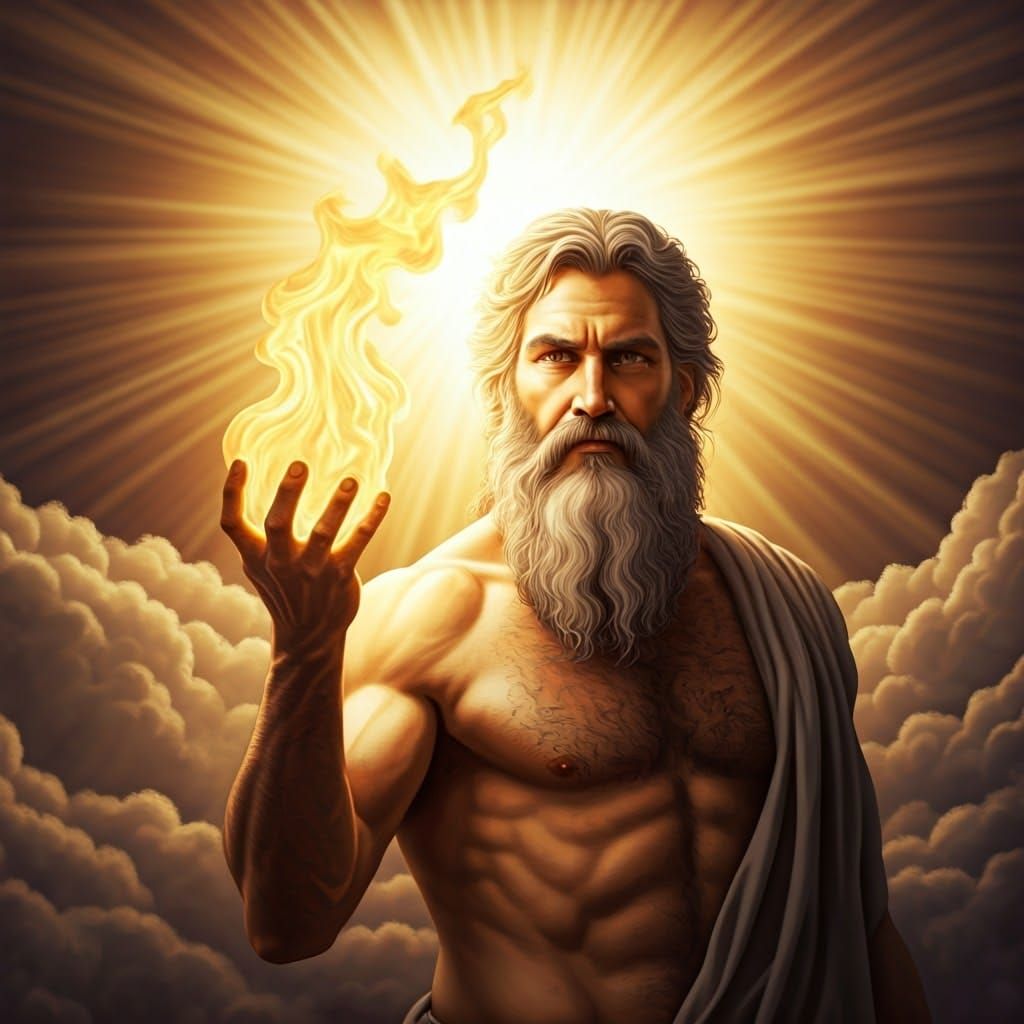 Godly Prometheus Embracing Radiant Fire in Heavenly Light