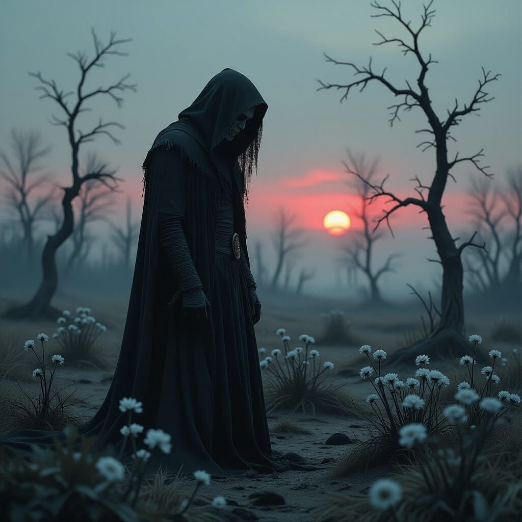 Brooding Figure in Desolate Film Noir Landscape