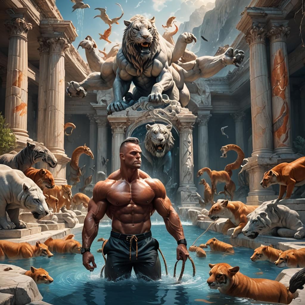 Bodybuilder and Animals in a Mythical Pool