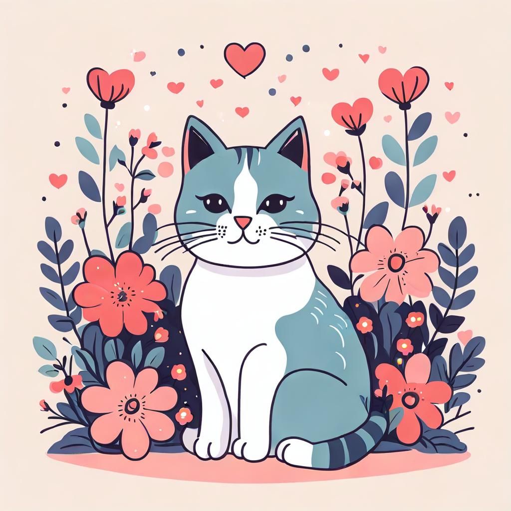Cute Cat Surrounded by Flowers in Children's Book Style