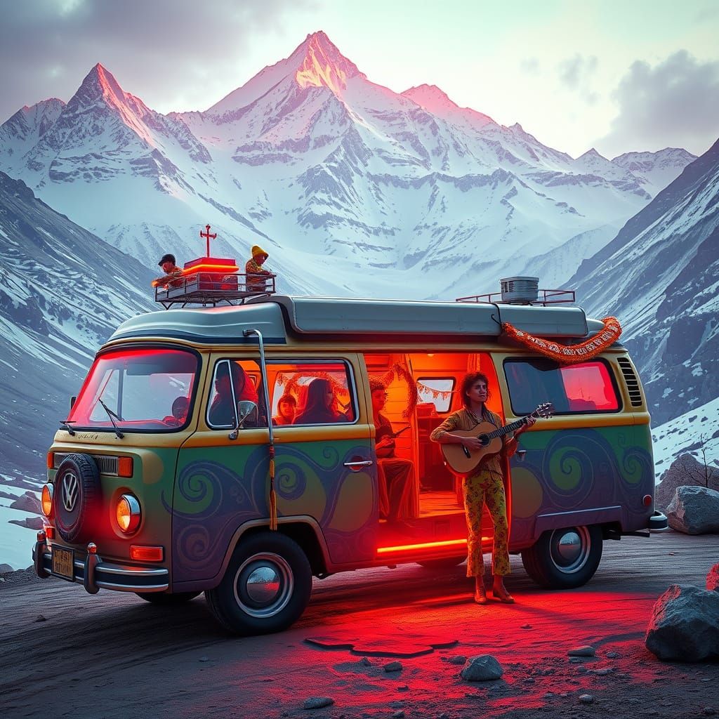 Psychedelic Hippie Van in Vibrant Himalayan Landscape