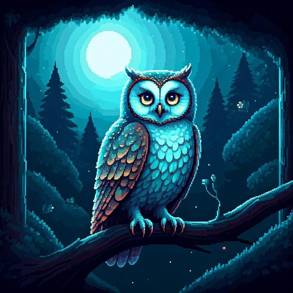 Luminescent Pixel Owl in Mystical Woodland Scene