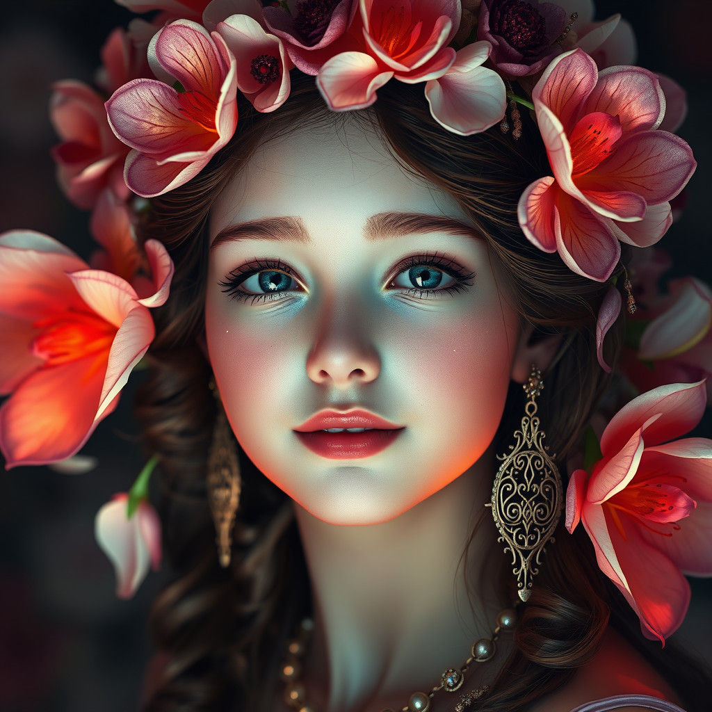 Ethereal Flower Girl Portrait in Art Nouveau Style