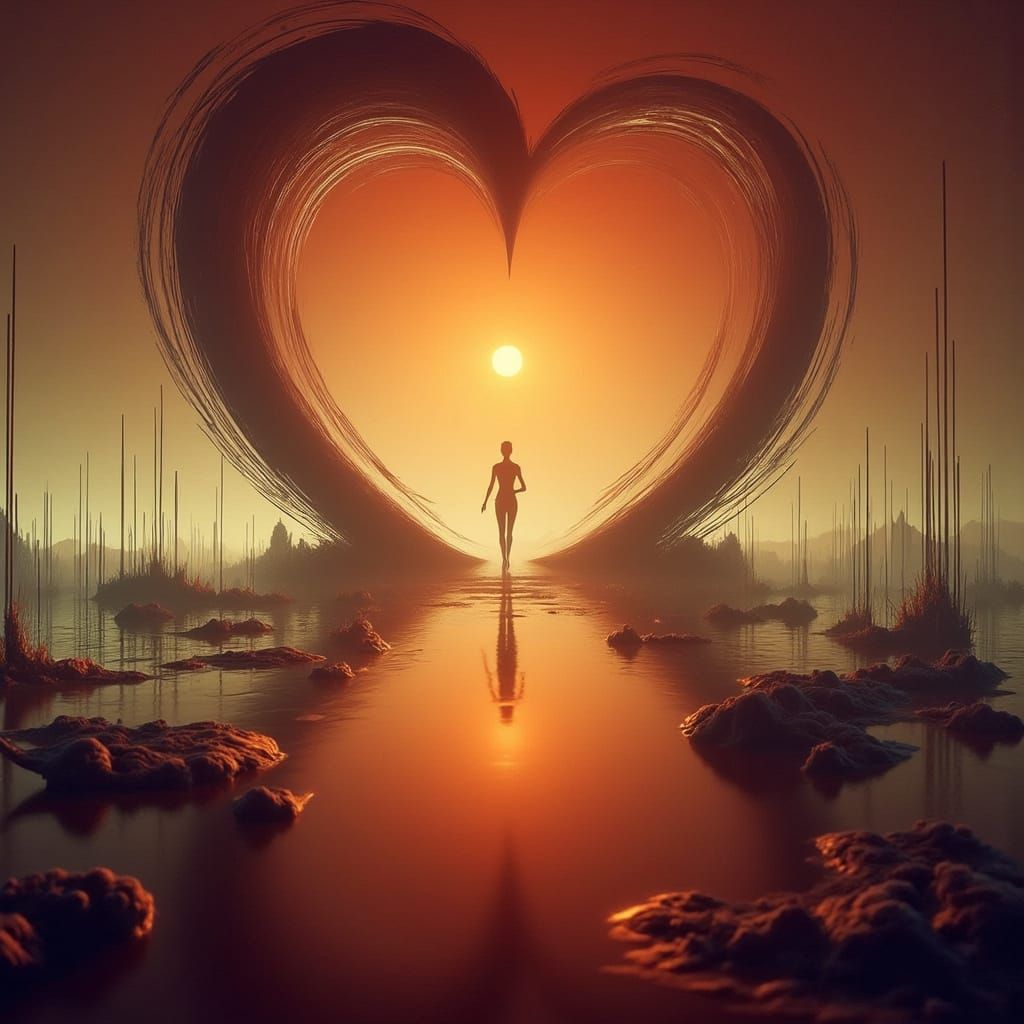 Dreamy 3D Render of a Solitary Heart in Misty Landscape