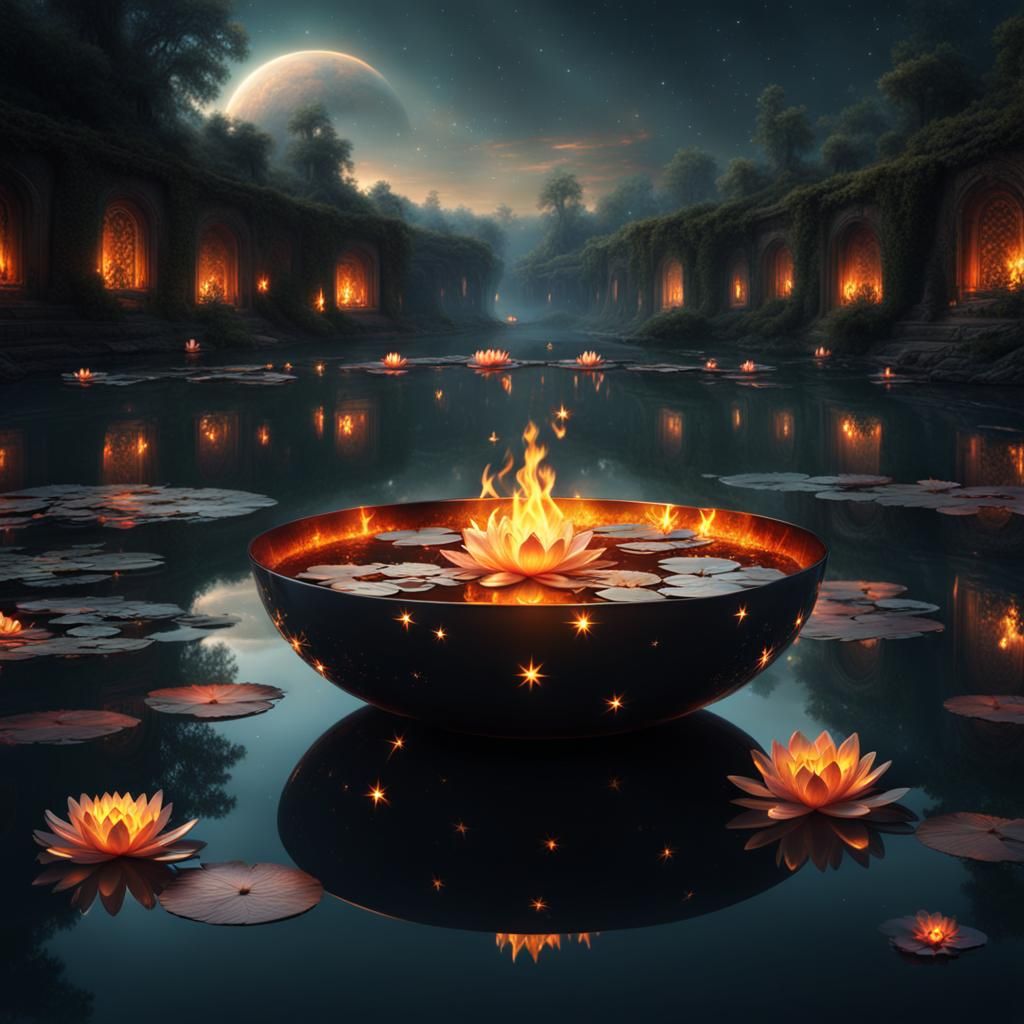 Floating Bowl of Fire on Water: Digital Painting