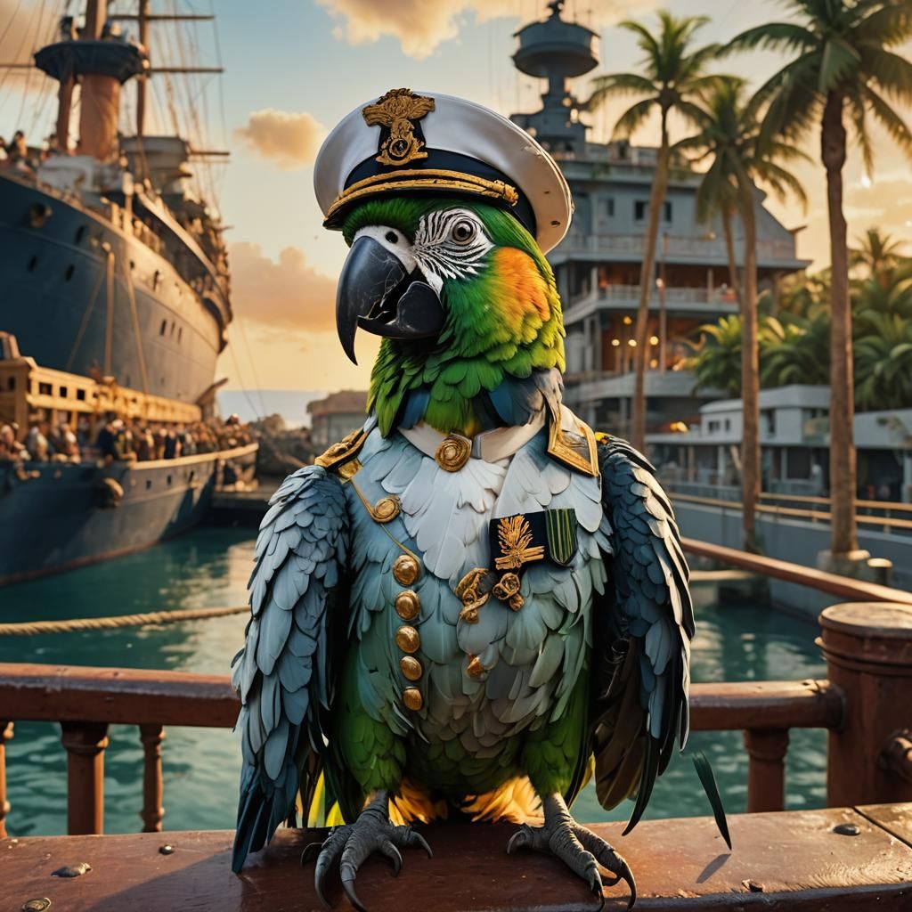 Parrot as Titanic Captain in Naval Uniform