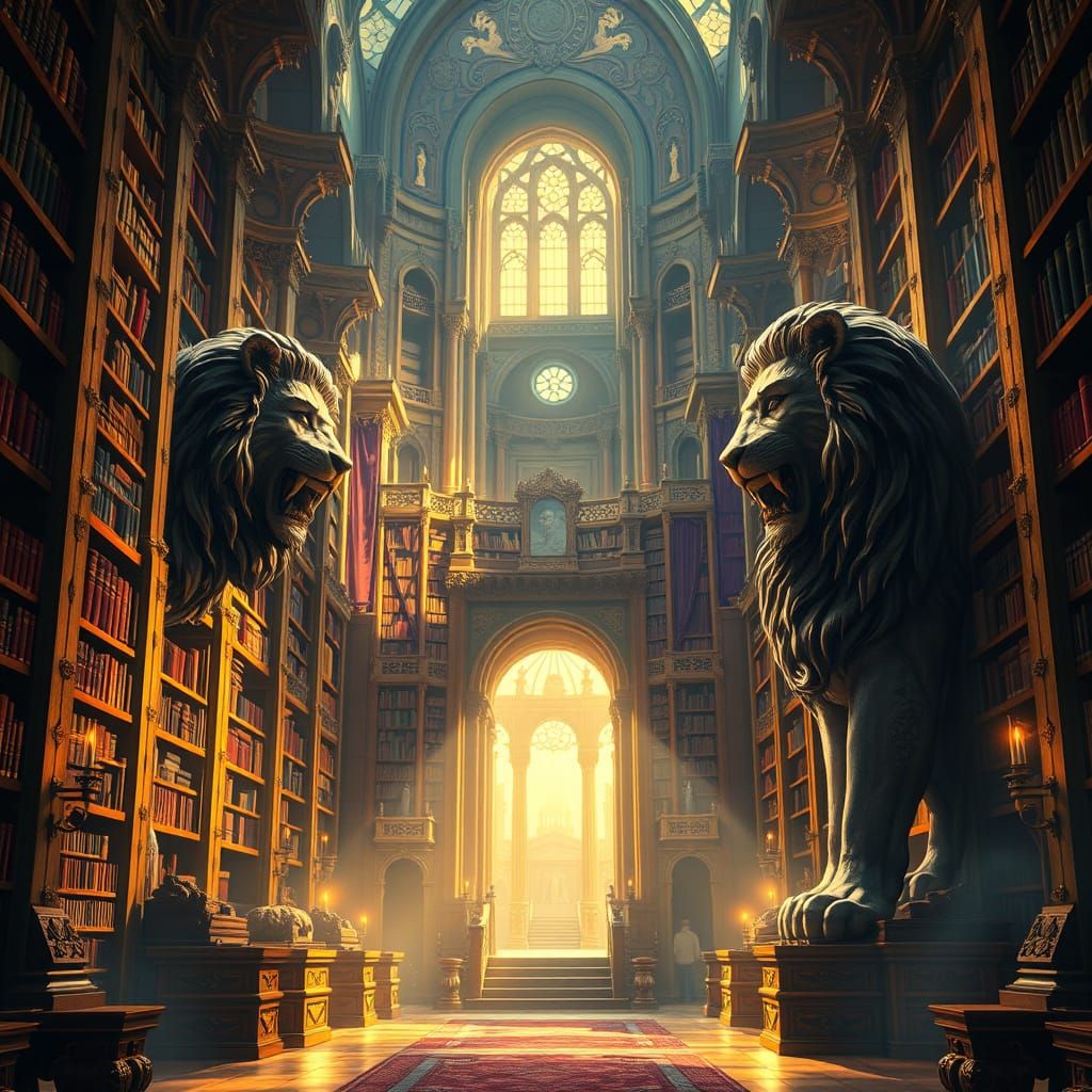 Majestic Library Between Two Stone Lions in Golden Light