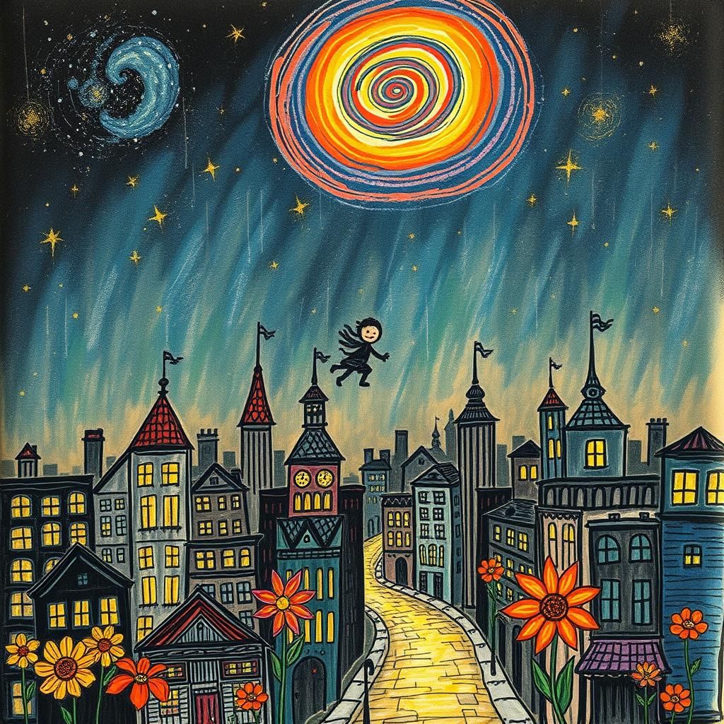 Whimsical Crayon-Drawn Cityscape with Cosmic Starry Night