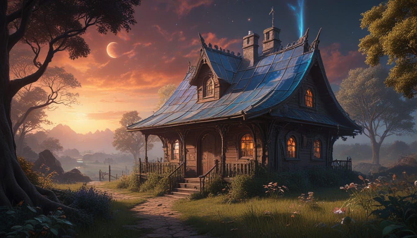 Idyllic Steampunk Village in a Valley of Green Hills and Blo...