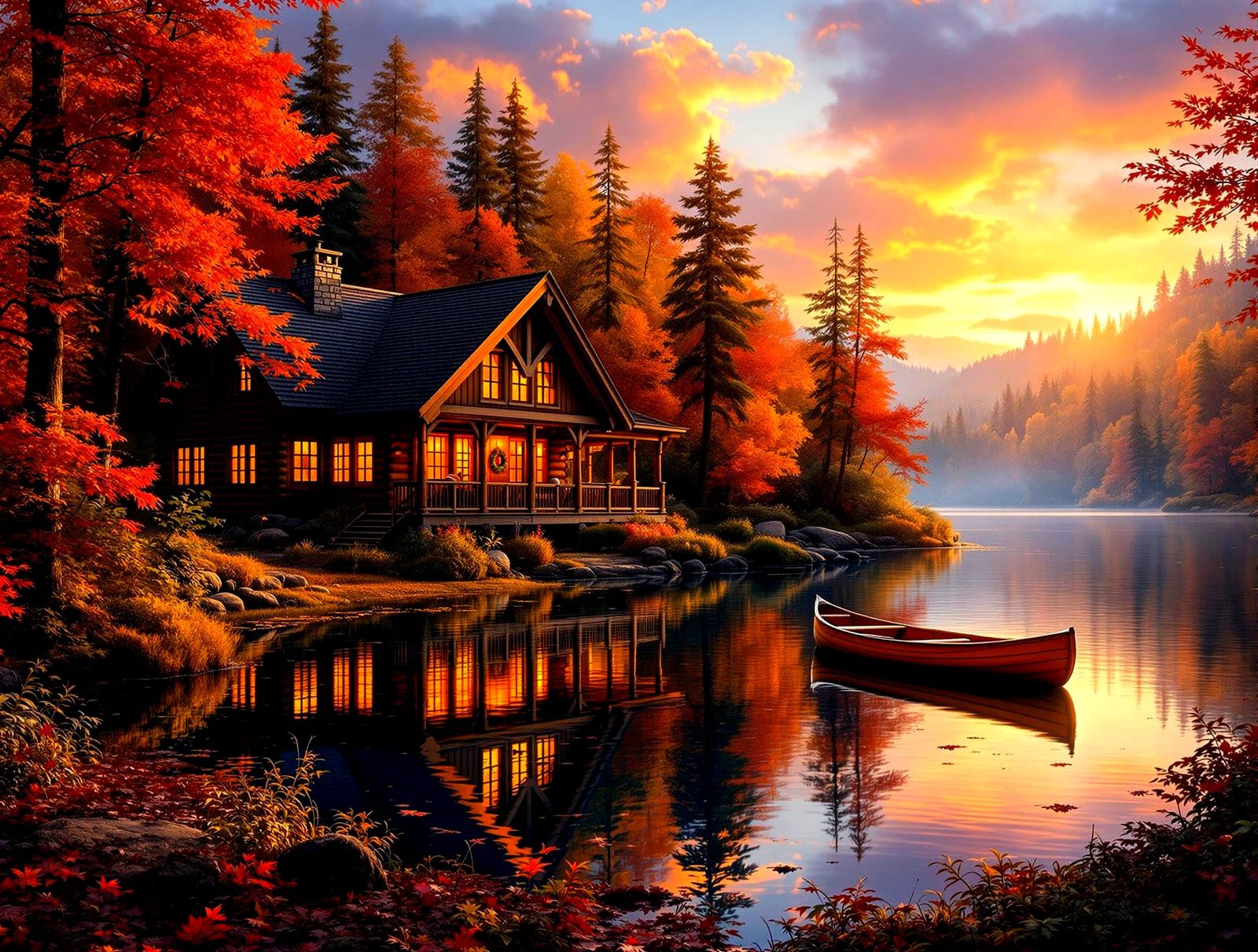 Cozy Log Cabin Scene on Panoramic Autumn Lake