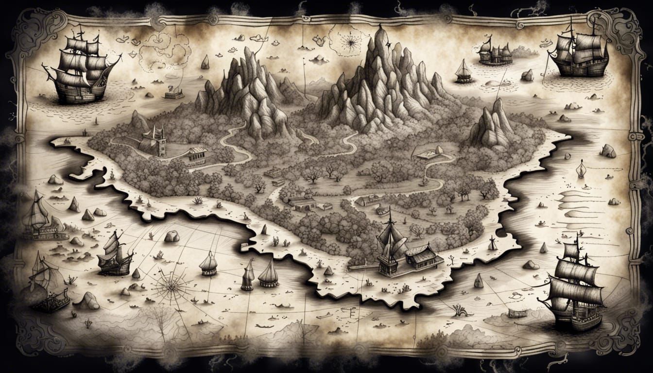 Detailed Black and White Treasure Map Ink Drawing