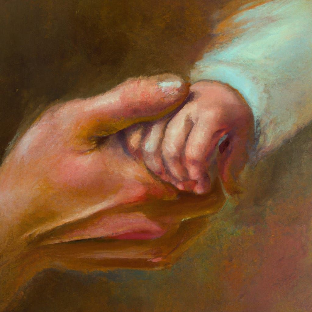 Newborn Baby Holding Finger as Oil Painting